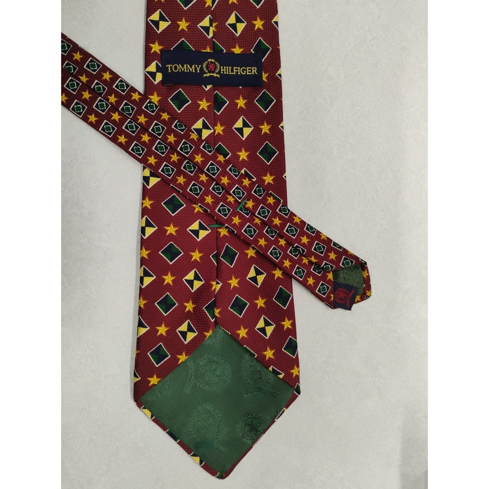 Tommy Hilfiger Tie Silk Geometric Stars 4" x 58" Rust, Yellow, Navy Blue, Green - Picture 3 of 4